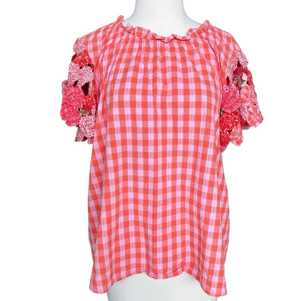 THML Seersucker Pink Orange Gingham Top Doily Sleeves Ruffle Neck Seam Medium